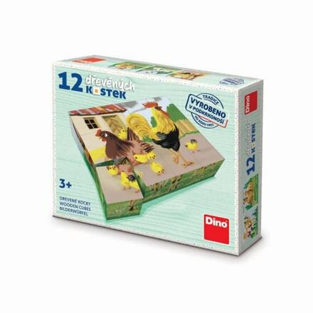 Dino Dřevěné obrázkové kostky Domáčí zvířátka retro 12 kostek