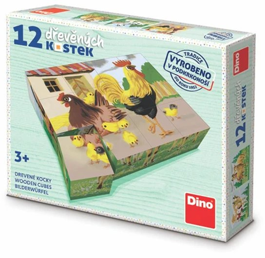 Dino Dřevěné obrázkové kostky Domáčí zvířátka retro 12 kostek