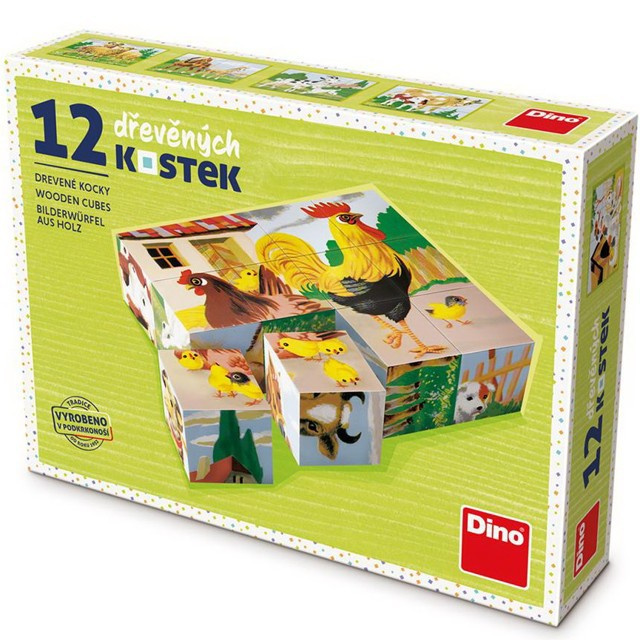 Dino Dřevěné obrázkové kostky Domáčí zvířátka retro 12 kostek