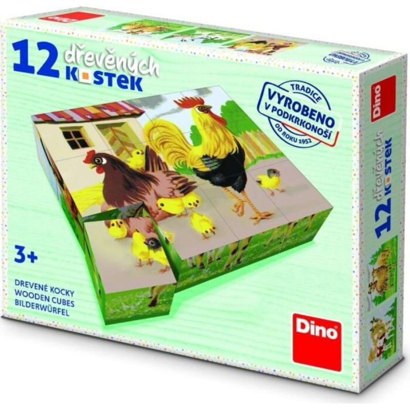 Dino Dřevěné obrázkové kostky Domáčí zvířátka retro 12 kostek