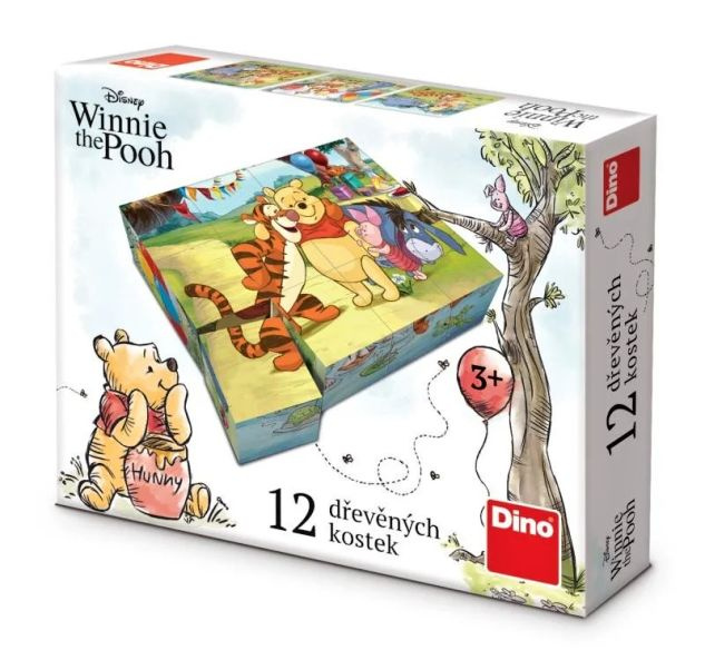Dino Dřevěné obrázkové kostky Medvídek Pú 12 kostek