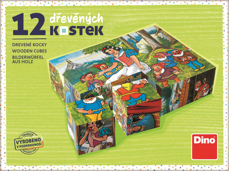 Dino dřevěné obrázkové kostky kubusy Sněhurka 12 kostek