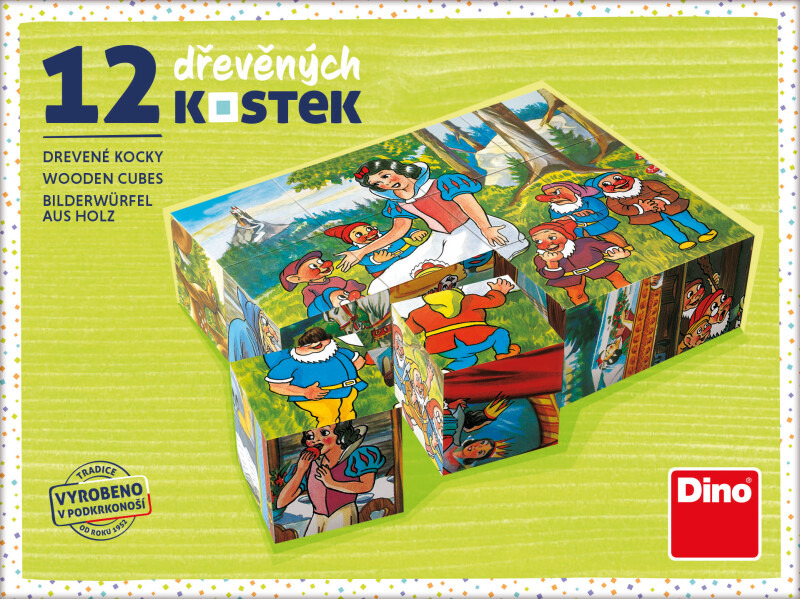 Dino dřevěné obrázkové kostky kubusy Sněhurka 12 kostek