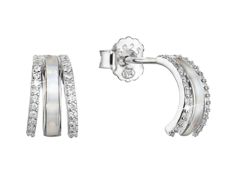 Evolution Group - Pavona Stříbrné náušnice pecky půlkruhy s perletí a zirkony 11422.1