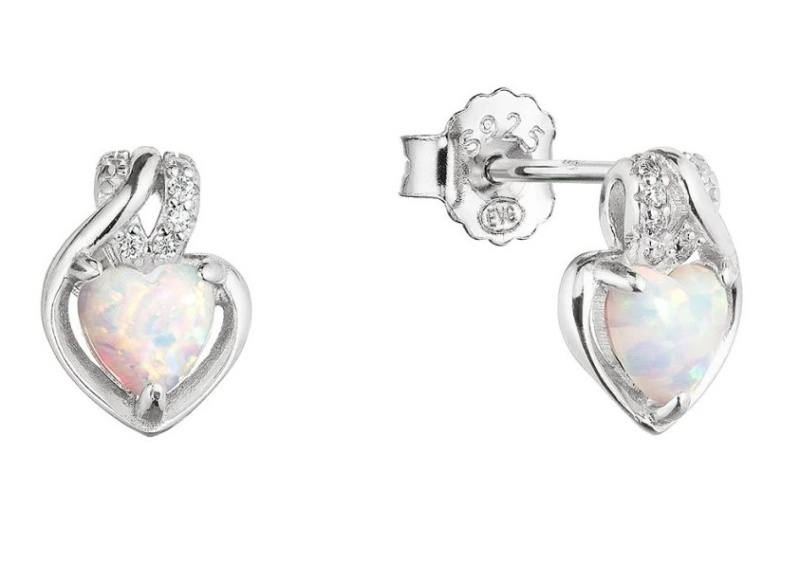 Evolution Group - Pavona Stříbrné náušnice Srdce s bílým syntetickým opálem a zirkony 11469.1