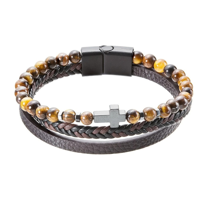 Evolution Group - Pavona Koženkový náramek s korálky z tygřího oka 43044.3 hnědý 19 cm