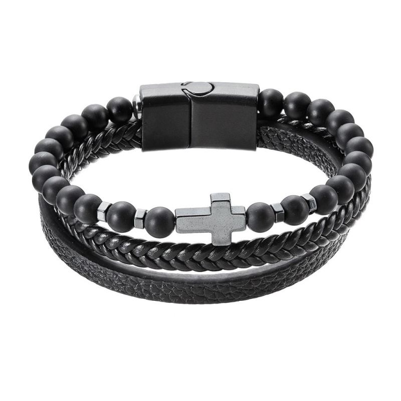 Evolution Group - Pavona Elegantní koženkový náramek s korálky 43044.3 černý 23 cm