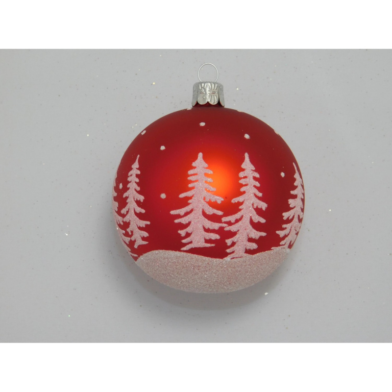 Ornex Skleněná vánoční ozdoba červená se stromy pr. 8 cm