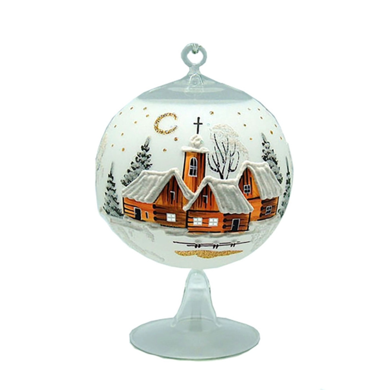 Ornex Vánoční ozdoba skleněná koule s vesnicí, bílá, 12 cm