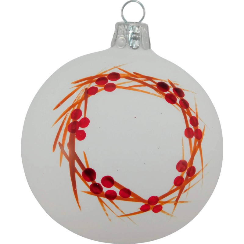 Ornex Vánoční ozdoba skleněná koule s věncem bílá, 8 cm