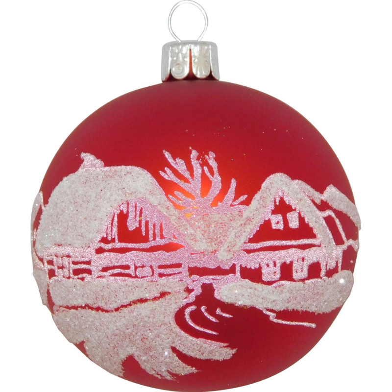 Ornex Vánoční ozdoba skleněná koule s vesnicí červená, 7 cm