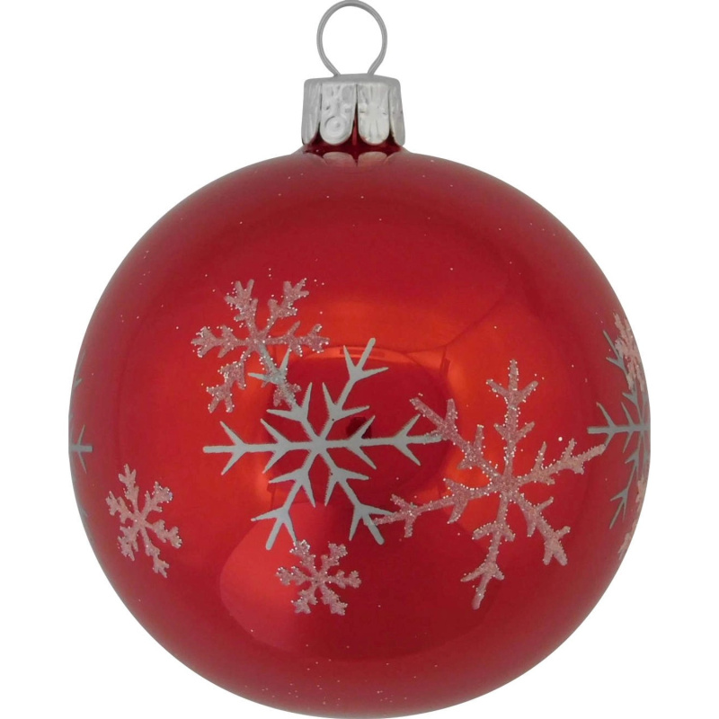 Ornex Vánoční ozdoba skleněná koule s bílými vločkami červená, 7 cm