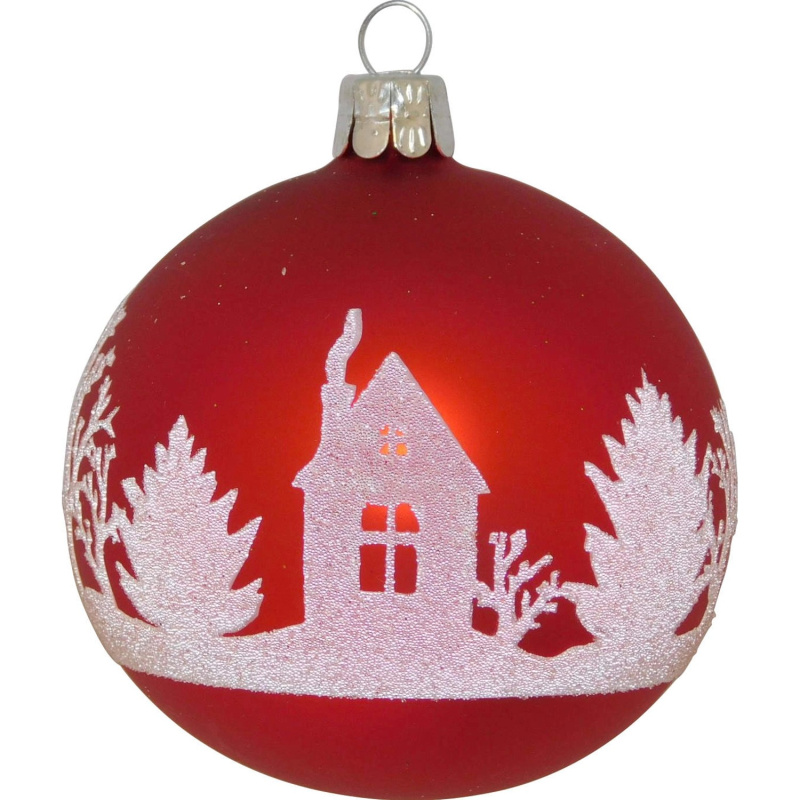 Ornex Vánoční ozdoba skleněná koule s domkem červená, 8 cm