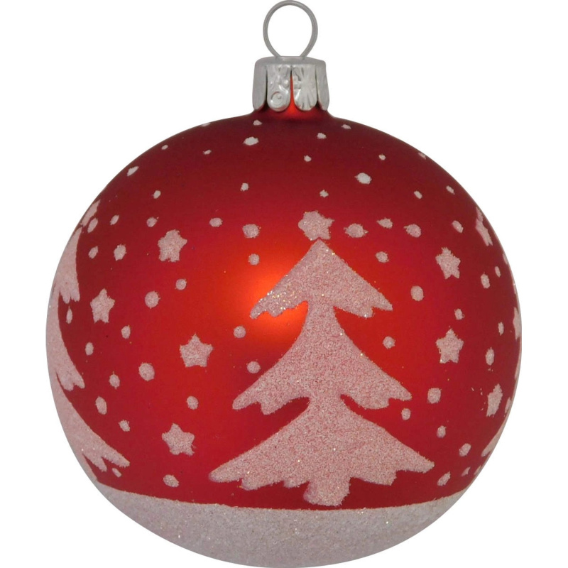 Ornex Vánoční ozdoba skleněná koule se stromy červená, 8 cm