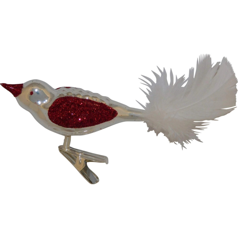 Ornex Vánoční ozdoba skleněný ptáček na skřipci bílo-červený, 12 x 3 x 4 cm