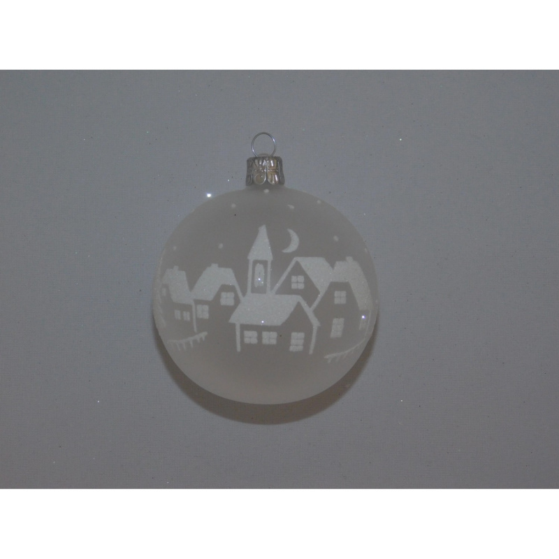 Ornex Skleněná vánoční ozdoba bílá s vesničkou pr. 8 cm