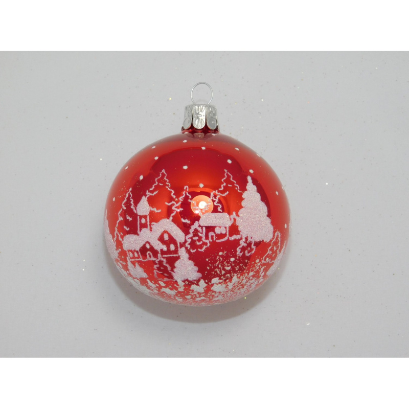 Ornex Skleněná vánoční ozdoba červená s vesničkou pr. 7 cm
