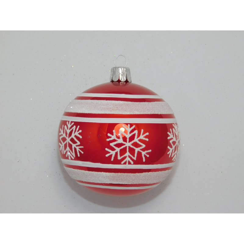 Ornex Skleněná vánoční ozdoba červená s vločkami a pruhy pr. 8 cm