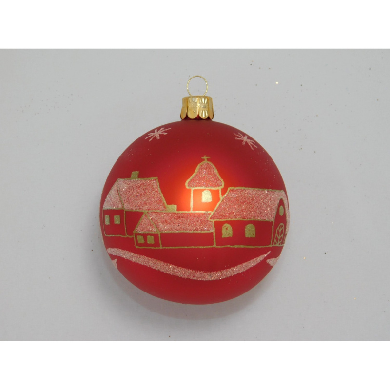 Ornex Skleněná vánoční ozdoba červená s vesničkou pr. 8 cm