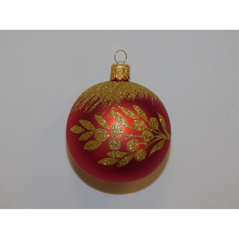 ONREX Vánoční ozdoba skleněná koule červená/zlatá větvička pr. 7 cm