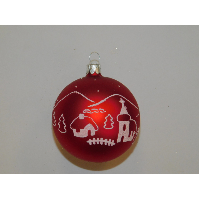 ONREX Vánoční ozdoba skleněná koule červená vesnice pr. 7 cm