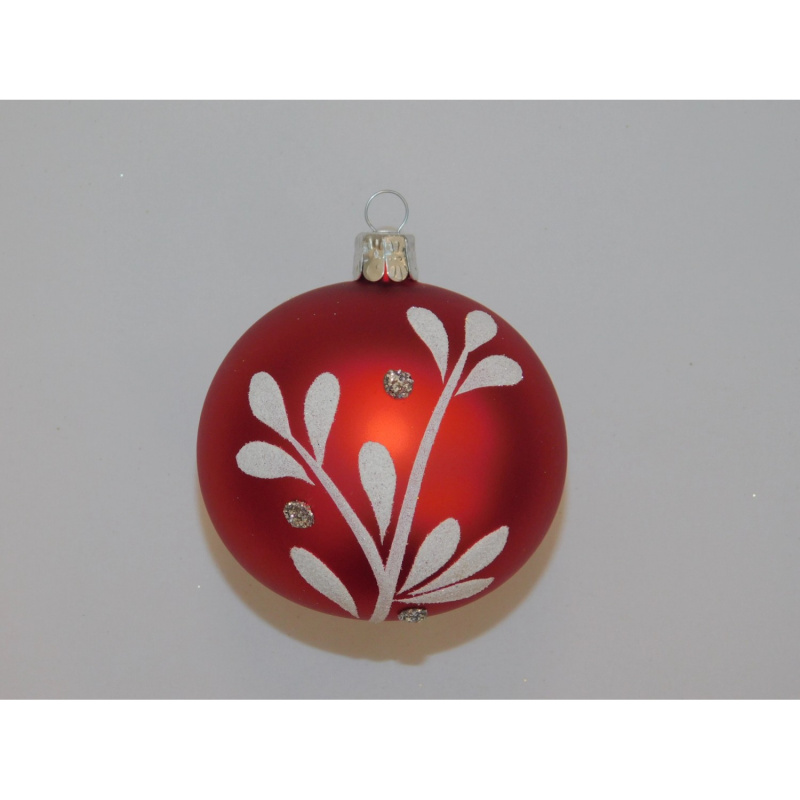ONREX Vánoční ozdoba skleněná koule červená/bílá větvička pr. 8 cm