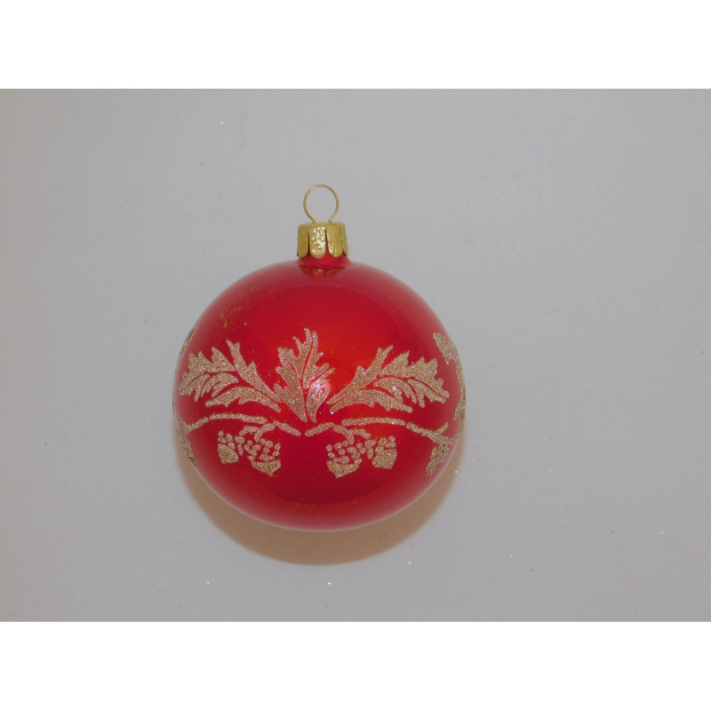 ONREX Vánoční ozdoba skleněná koule červená/sv. zlatá větvička pr. 7 cm