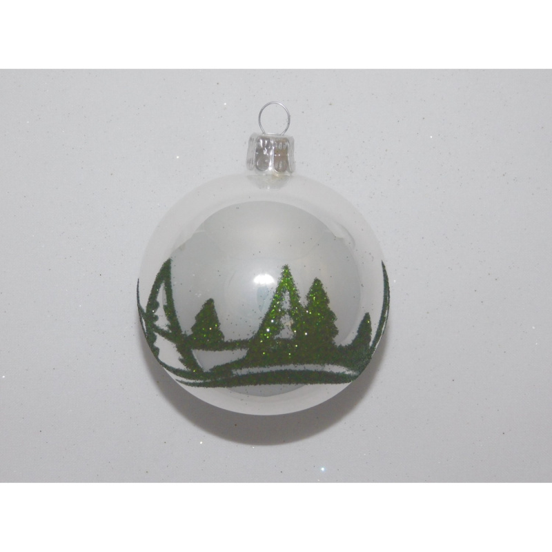 ONREX Vánoční ozdoba skleněná koule bílá/zelená stromky pr. 7 cm