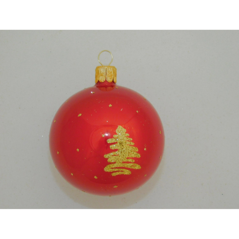 ONREX Vánoční ozdoba skleněná koule červená/zlatá stromky pr. 7 cm