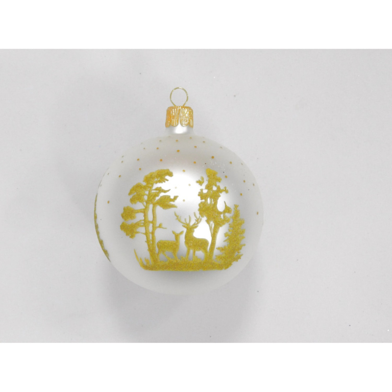 ONREX Vánoční ozdoba skleněná koule bílá/zlatá les pr. 8 cm