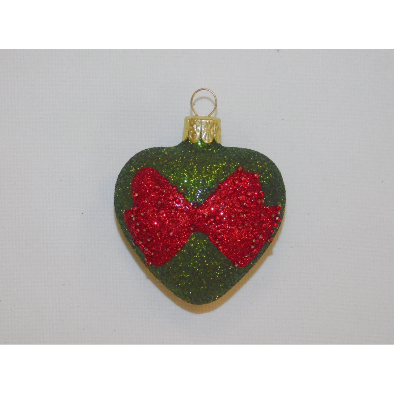 ONREX Vánoční ozdoba skleněná srdíčko zelené mašle 5,5 cm