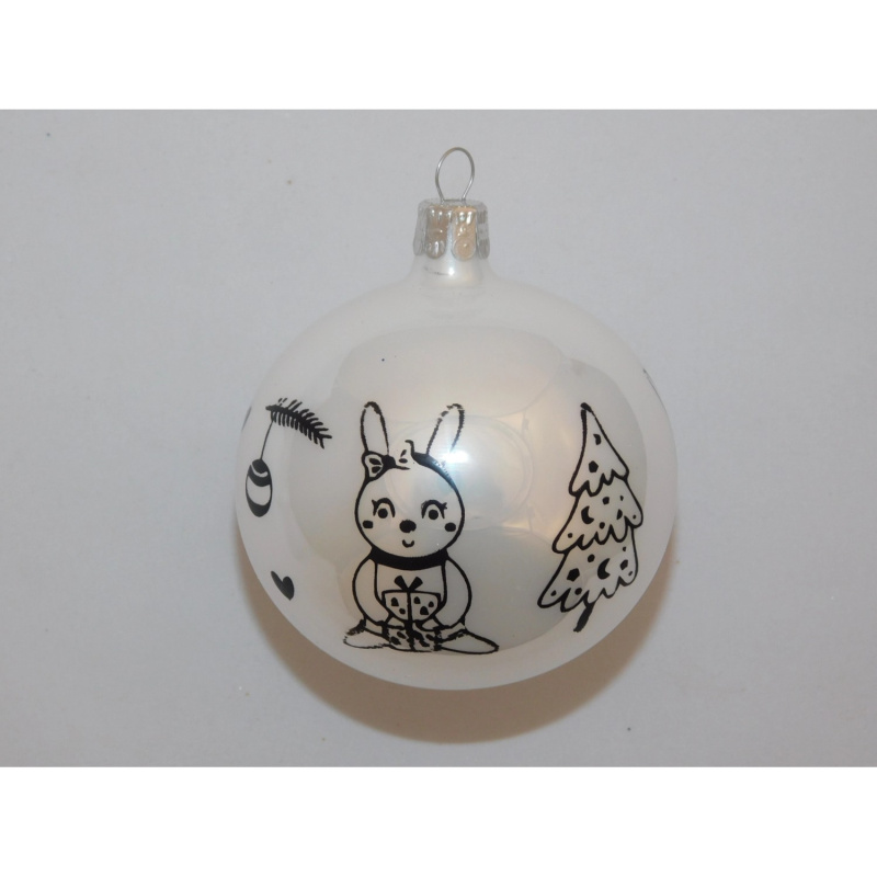 ONREX Vánoční ozdoba skleněná koule bílá/zajíc dekor pr. 8 cm