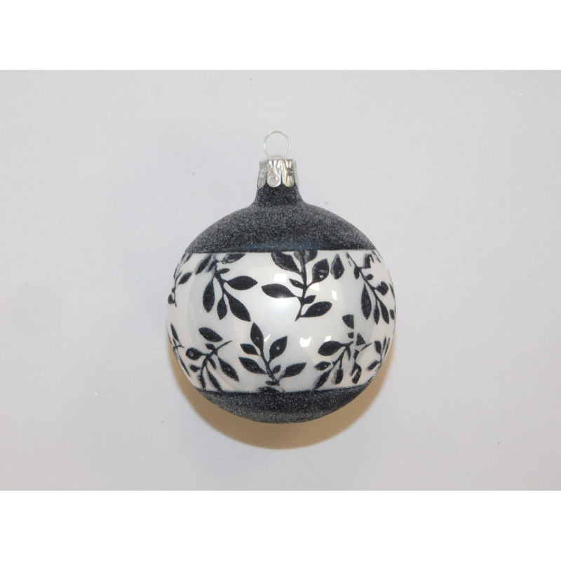 ONREX Vánoční ozdoba skleněná koule bíločerná lístky pr. 8 cm