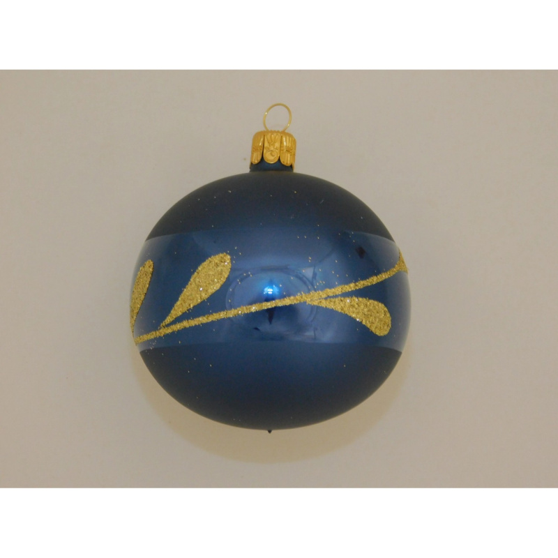 ONREX Vánoční ozdoba skleněná koule modrá lístky pr. 8 cm