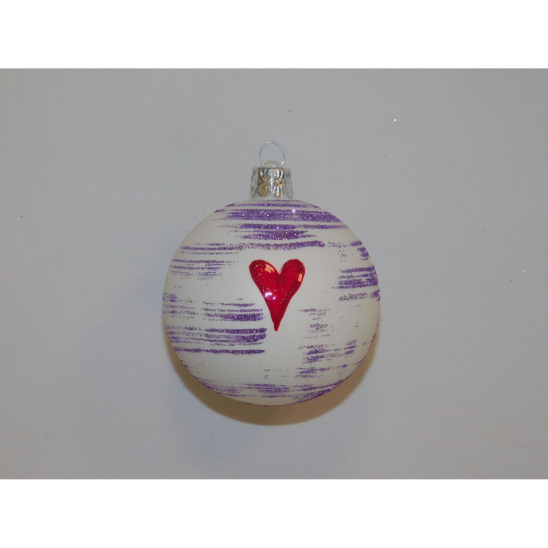 ONREX Vánoční ozdoba skleněná koule bílá/fialová srdíčko pr. 7 cm