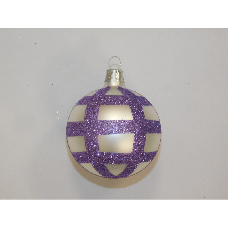 ONREX Vánoční ozdoba skleněná koule bílá/fialová proužky pr. 7 cm