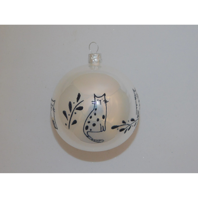 ONREX Vánoční ozdoba skleněná koule bílá kočky pr. 8 cm