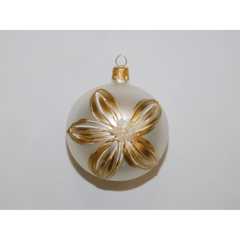 ONREX Vánoční ozdoba skleněná koule bílá/zaltá květ pr. 8 cm