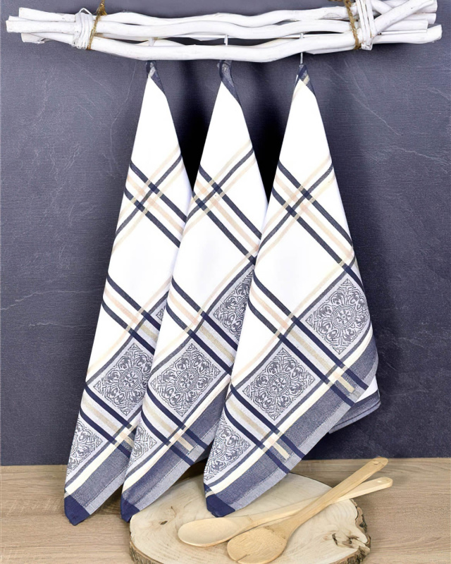 Forbyt kuchyňské utěrky EGYPTSKÁ BAVLNA SOLE BLUE, modro-bílé káro s ornamenty, 3 kusy, 50x70cm