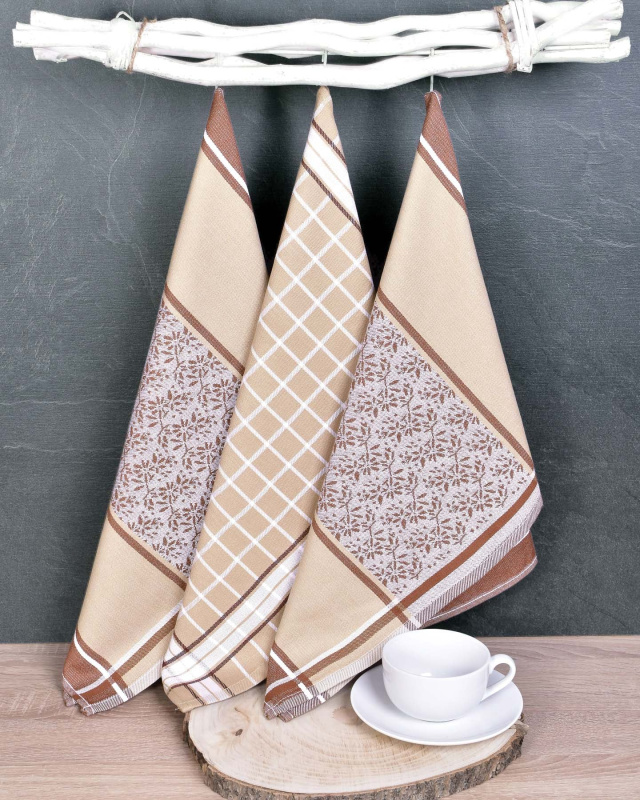Forbyt kuchyňské utěrky EGYPTSKÁ BAVLNA BEIGE MIX, béžové ornamenty v proužku a kostka, 3 kusy, 50x70cm