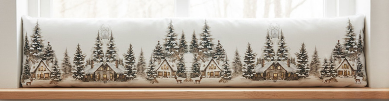 Vánoční dekorační polštářek, okenní válec proti průvanu SVÍTÍCÍ CYH6059R, zasněžené chaloupky 18x85cm