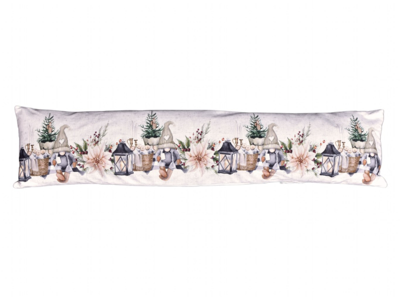 Vánoční dekorační polštářek, okenní válec proti průvanu SVÍTÍCÍ CYH6060C, skřítek s lucernou, bílá 18x85cm