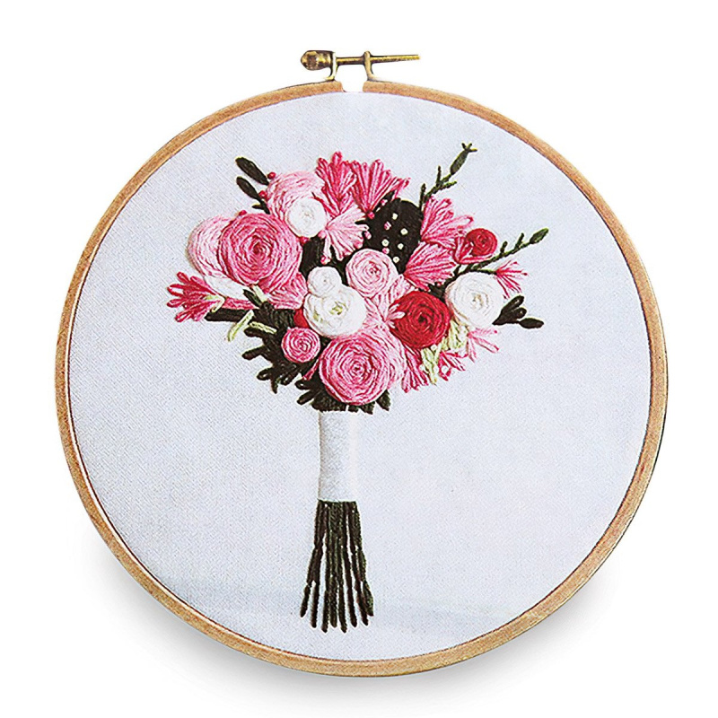 Stoklasa Vyšívací sada s předtištěným motivem 380636/4, růžová kytice (předtisk, jehly a příze), 15x22cm