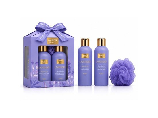 JANETTE BEAUTY Levandule dárková sada pro ženy – sprchový gel 150 ml, tělové mléko 150 ml + houbička