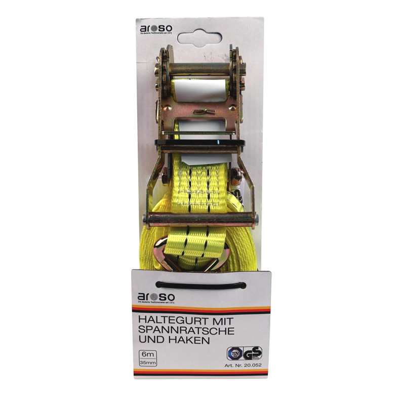 Aroso Popruh s ráčnou a J-háky, TÜV/GS, 6 m, 35 mm