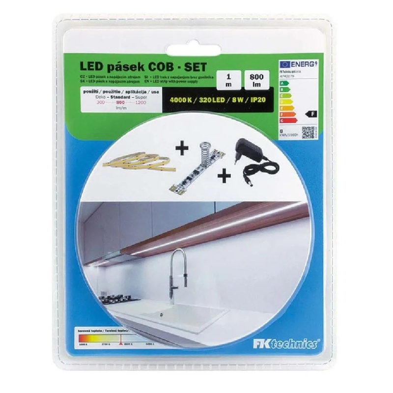 FK Technics SET LED pásek COB s dotykovým spínačem, vč. zdroje, 12W, 4000K, 1 m