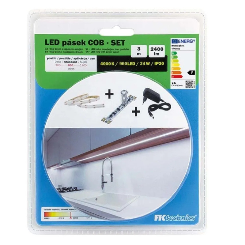 FK Technics SET LED pásek COB s dotykovým spínačem, vč. zdroje, 24W, 4000K, 3 m