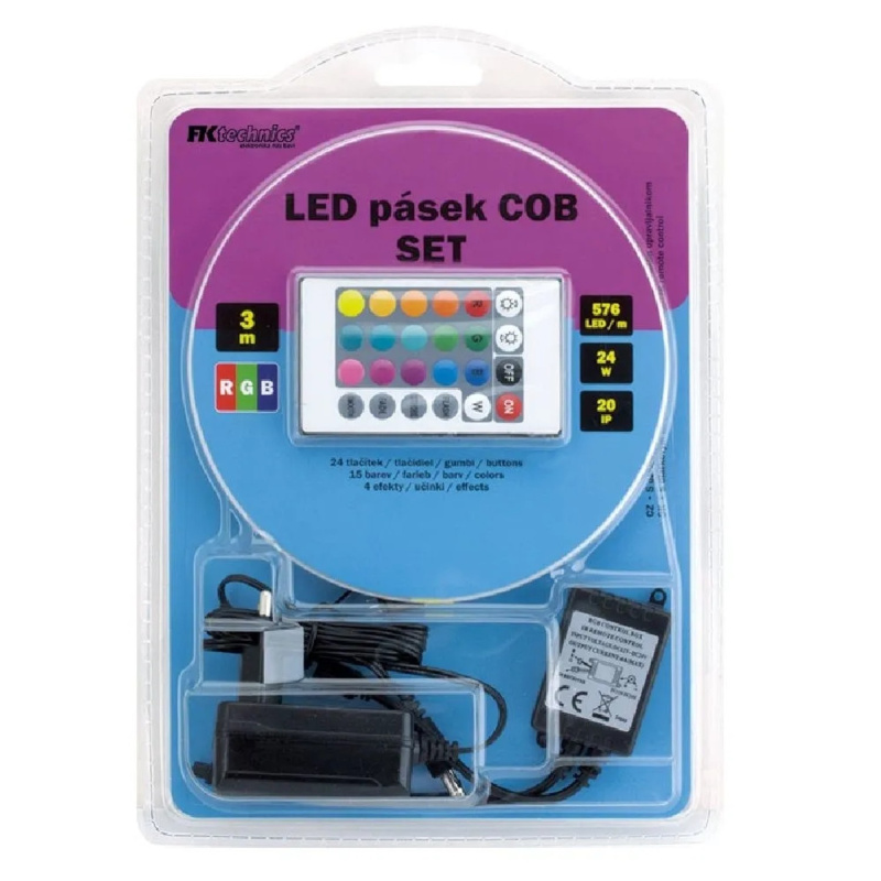 FK Technics SET LED pásek COB RGB s IR ovladačem, vč. zdroje, 24W, 4000K, 3 m