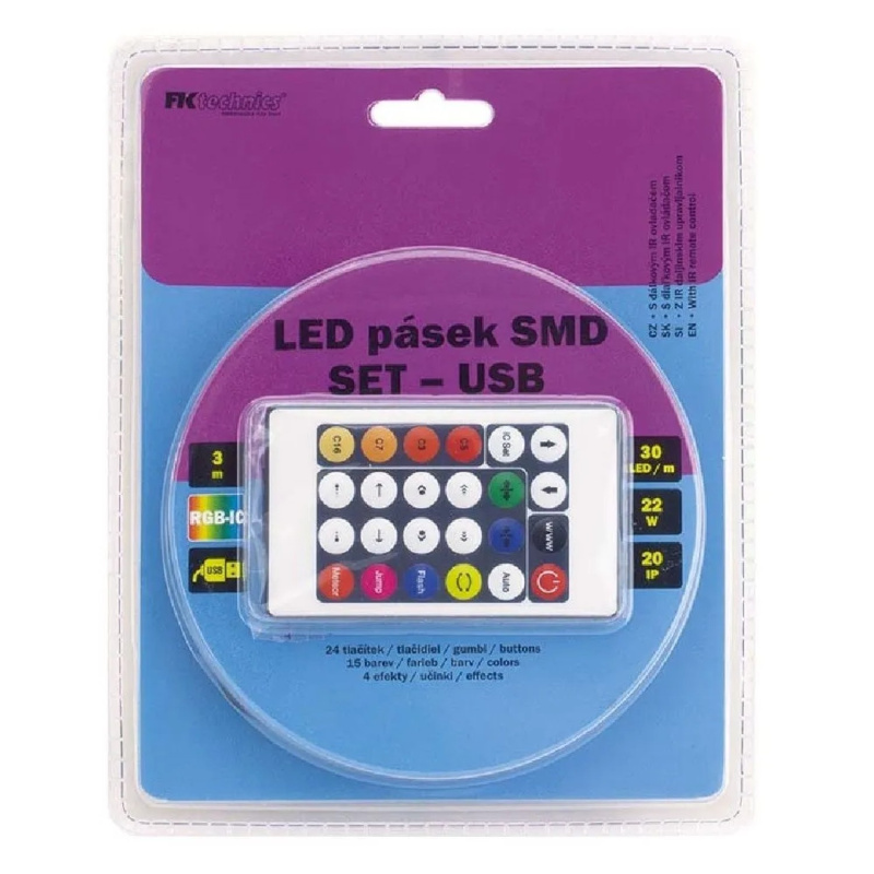 FK Technics SET LED pásek Magic RGB s IR ovladačem, USB napájení, 22W, 4000K, 3m