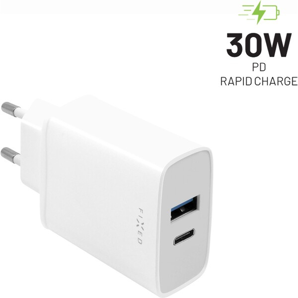 FIXED síťová nabíječka s USB-C/USB výstupem, PD, 30W, bílá
